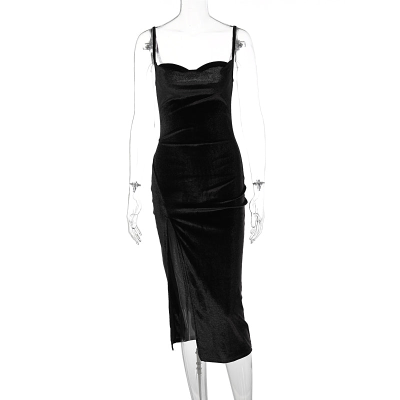 Voguable  Velvet Swing Collar Sleeveless Slip Sexy Slit Maxi Dress 2022 New Fashion Evening Party Women Elegant Streetwear Y2K voguable