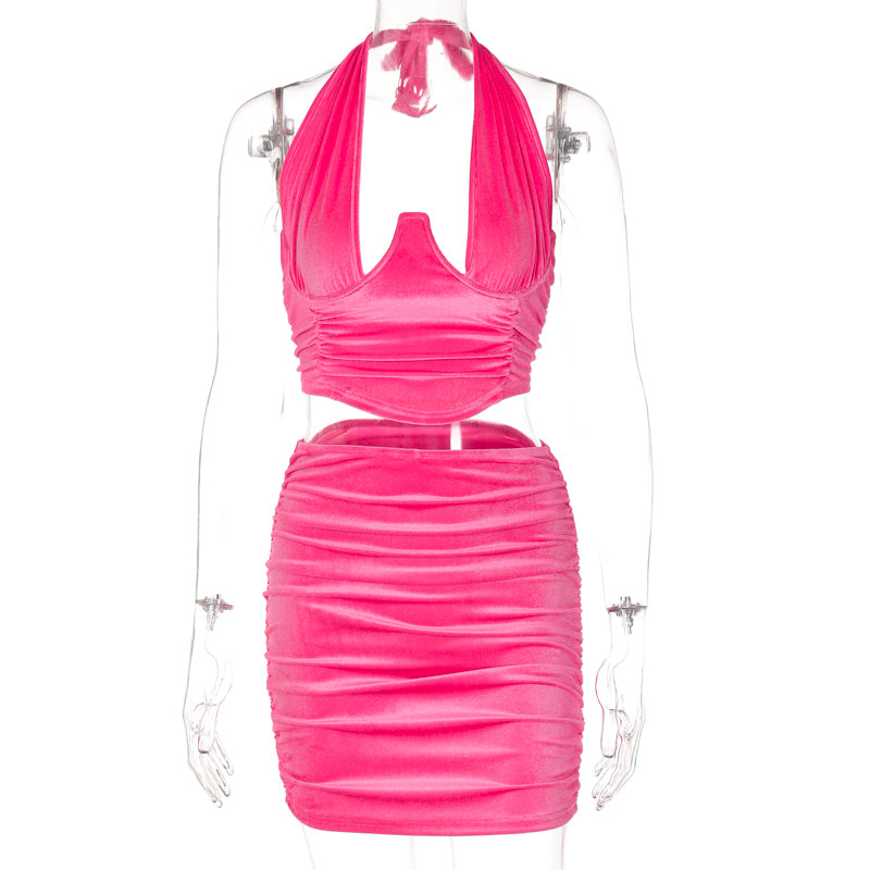 Voguable Velvet Halter Sleeveless Pleated Crop Top Mini Dress 2 Pcs Matching Sets 2022 Fall Bodycon Evening Party Elegant voguable