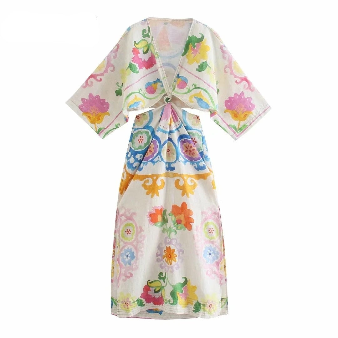 Floral Print Boho Autumn Cotton Linen Slit Maxi Long Dress S/4 Batwing Sleeve V Neck Wiast Cut Out Midi Dress Vestidos voguable
