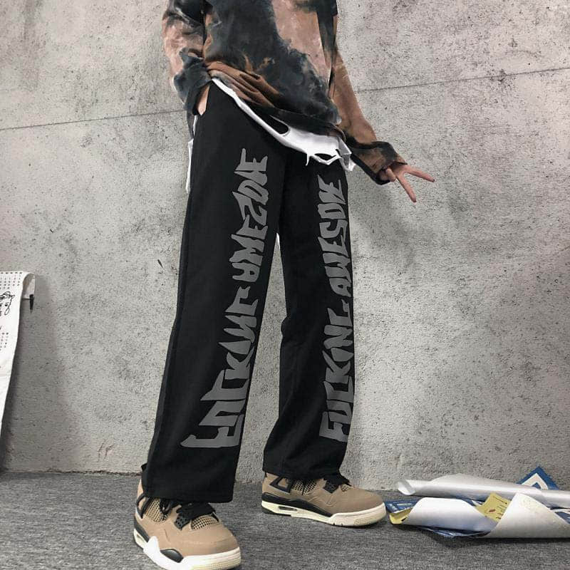 Voguable Casual gothic punk pants men clothes bottom Korean wild loose wide-leg elastic waist dark letter print sports trousers streetwea voguable