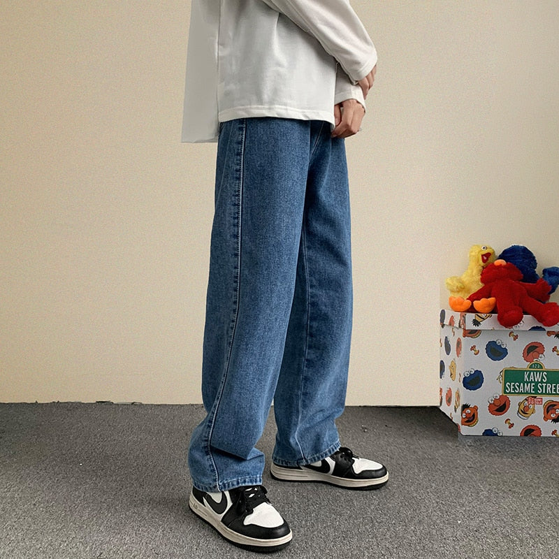 Voguable Korean Fashion Men Wide Leg Jeans 2021 Autumn New Streetwear Straight Baggy Denim Pants Male Brand Trousers voguable