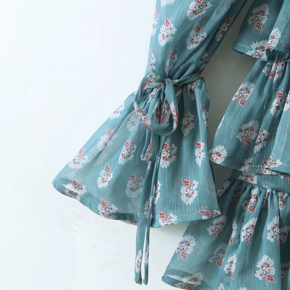 Voguable  Summer Women Floral Print Ruffle Cake Chiffon Dress Sexy Collar Long Sleeve Holiday Vintage Dress Ladies Short Robe voguable