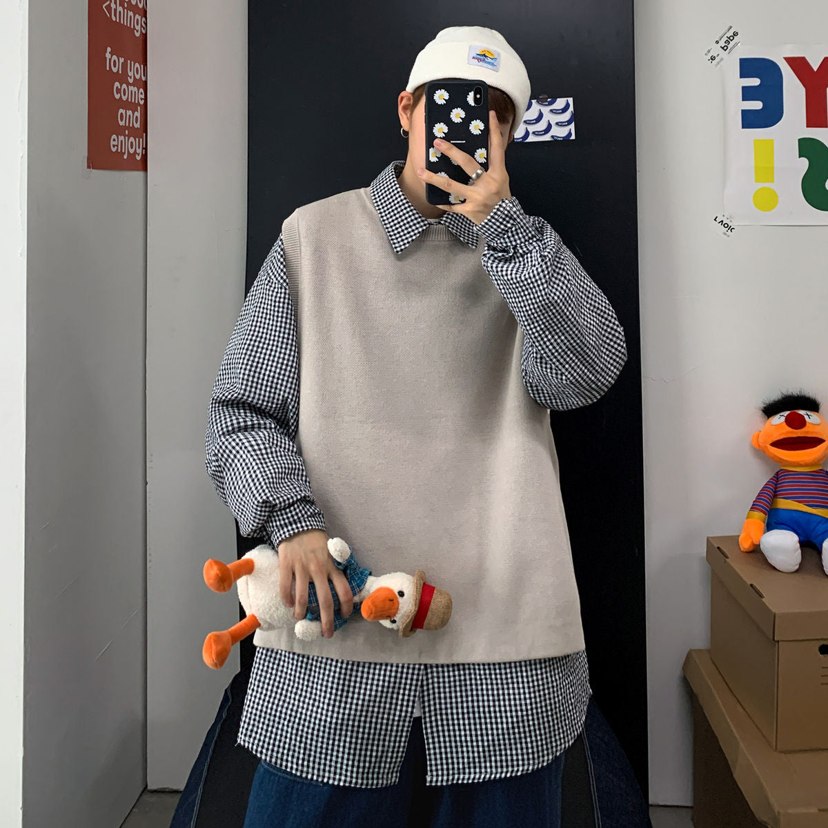 Voguable Autumn Korean Sweater Vest Men's Fashion Casual O-neck Knitted Pullover Men Clothes Streetwear Loose Mens Vest Knitting Sweaters voguable