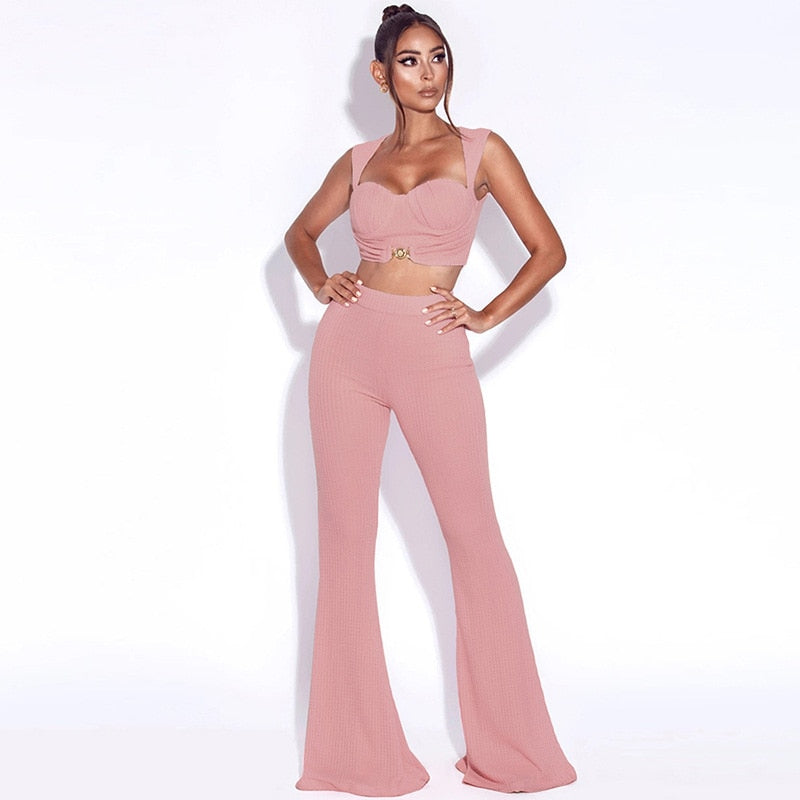 Voguable  2 Piece Set Women Fall Casual Street Loose Stretch Solid OutfitBrand Celebrity Elegant White Knit Camisole and Flared Trouser voguable
