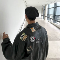 Voguable Leather jacket male handsome bomb street motorcycle clothing spring autumn loose jacket Korean baseball uniform casual jacket voguable