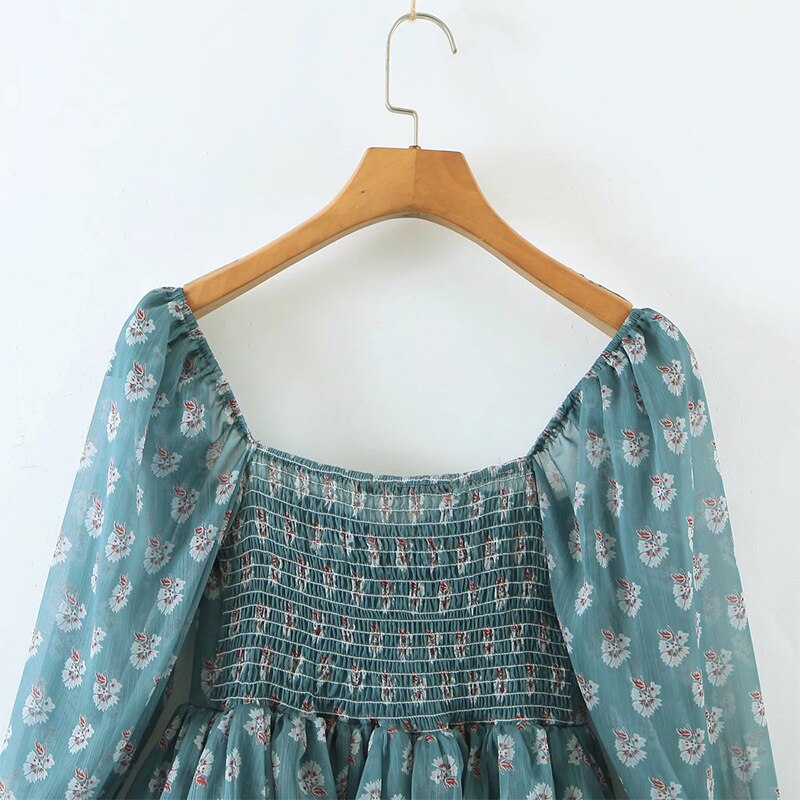 Voguable  Summer Women Floral Print Ruffle Cake Chiffon Dress Sexy Collar Long Sleeve Holiday Vintage Dress Ladies Short Robe voguable