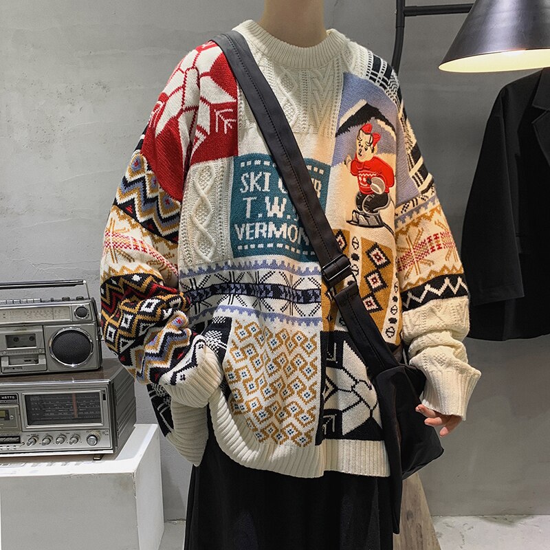 Voguable 2021 Geometry Sweater Jumper Men Korean Loose Knitted Sweater Clothing Oversize Top Couple Casual Knitting Pullovers Men voguable