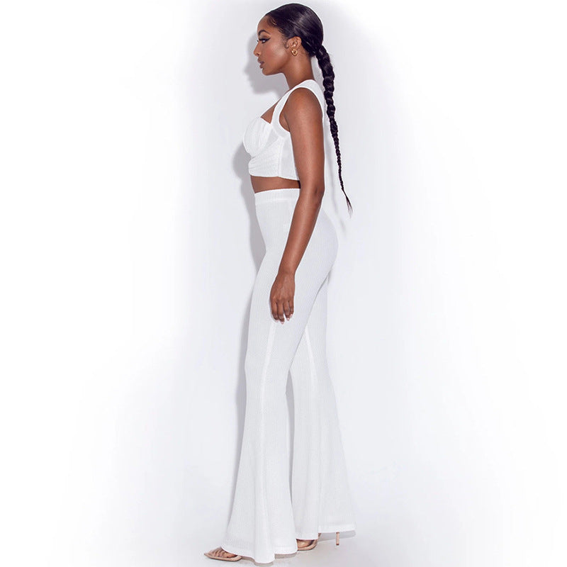 Voguable  2 Piece Set Women Fall Casual Street Loose Stretch Solid OutfitBrand Celebrity Elegant White Knit Camisole and Flared Trouser voguable