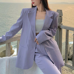Spring Autumn Purple Blazer Sets Women Two Piece Set Long Sleeve Suit Jacket and Straight Wide Leg Pant Office 2 Piece Outfits voguable