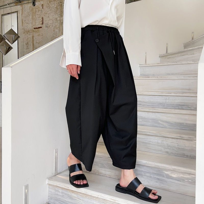 New Summer Loose Wide Leg Pants For Men Japan Korean Trend Temperament Fashionable Black Ankle Length Pants 9Y6986 voguable