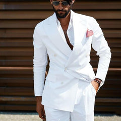 Voguable Double Breasted Men Suits White Slim Fit Wedding Tuxedo for Groom 2 Piece Casual Style Male Fashion Jacket with Pants 2021 voguable