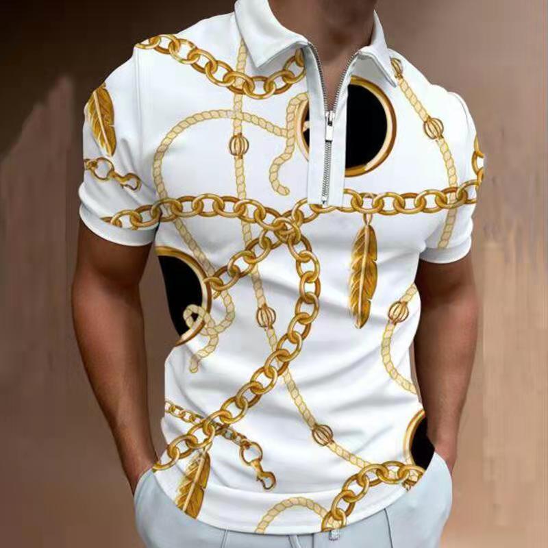 Voguable 2021Men Tshirts  Stripe Short Sleeve Polo Shirts Streetwear Mens Clothing Slim Zipper Neck Turn Down Collar Graphic T Shirt Tops voguable