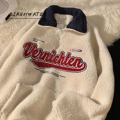 Voguable New Vintage Punk Style Streetwear Chic V-neck Letter Embroidery Sweatshirt Women Baseball Oversized Harajuku lambswool coats ins voguable