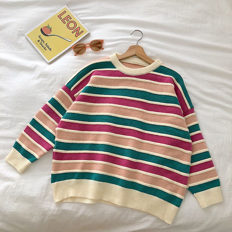 Voguable New Women Stripe Sweater Autumn Winter Loose Long Sleeve Pullover Tops Korean Ladies Knitted Patchwork Korean Sweaters voguable
