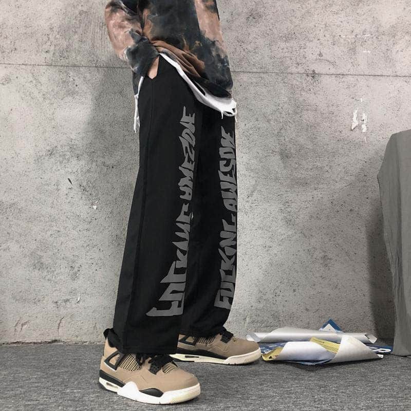 Voguable Casual gothic punk pants men clothes bottom Korean wild loose wide-leg elastic waist dark letter print sports trousers streetwea voguable