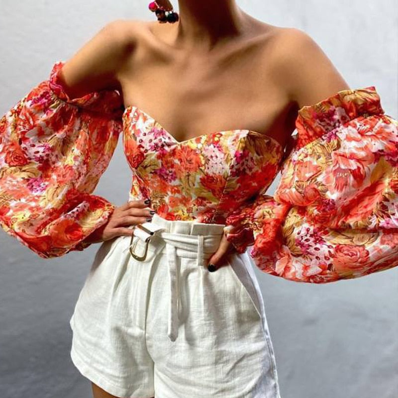 Voguable  Elegant Floral Print Strapless Chiffon Shirt Fashion Women Off Shoulder Halter Sexy Blouse Shirt 2022 Summer Backeless Tops 3XL voguable