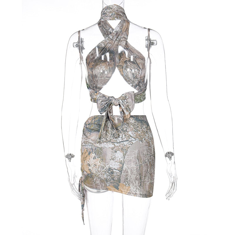 Voguable  Vintage Print Sleeveless Bandage Sexy Crop Top Skirt 2 Pieces Set Summer Women Fashion Streetwear Y2K Tracksuit voguable
