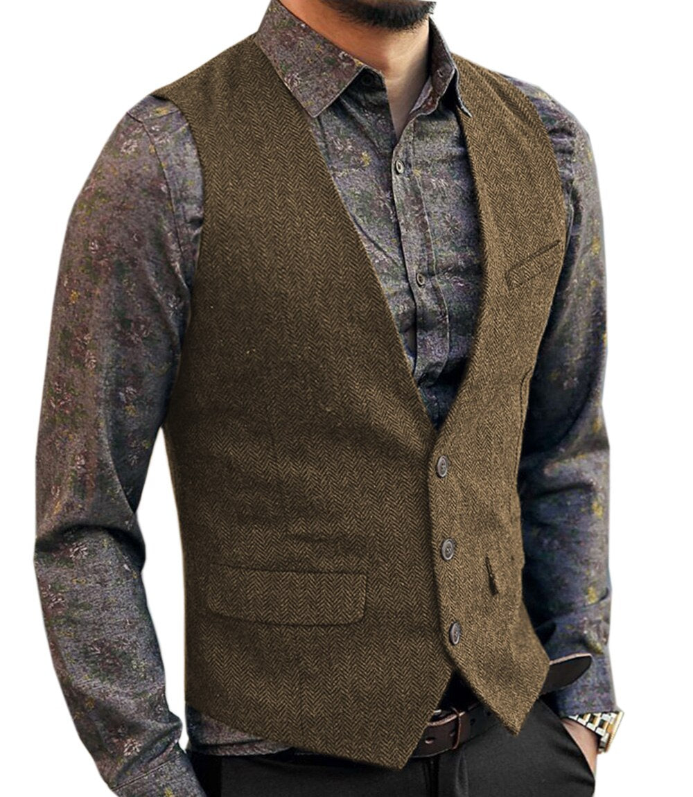 Voguable Men's Vest Suit Boutique Wool Tweed Slim Fit Leisure Cotton Male Gentleman Beckham Business Waistcoat For Wedding Groomsmen voguable