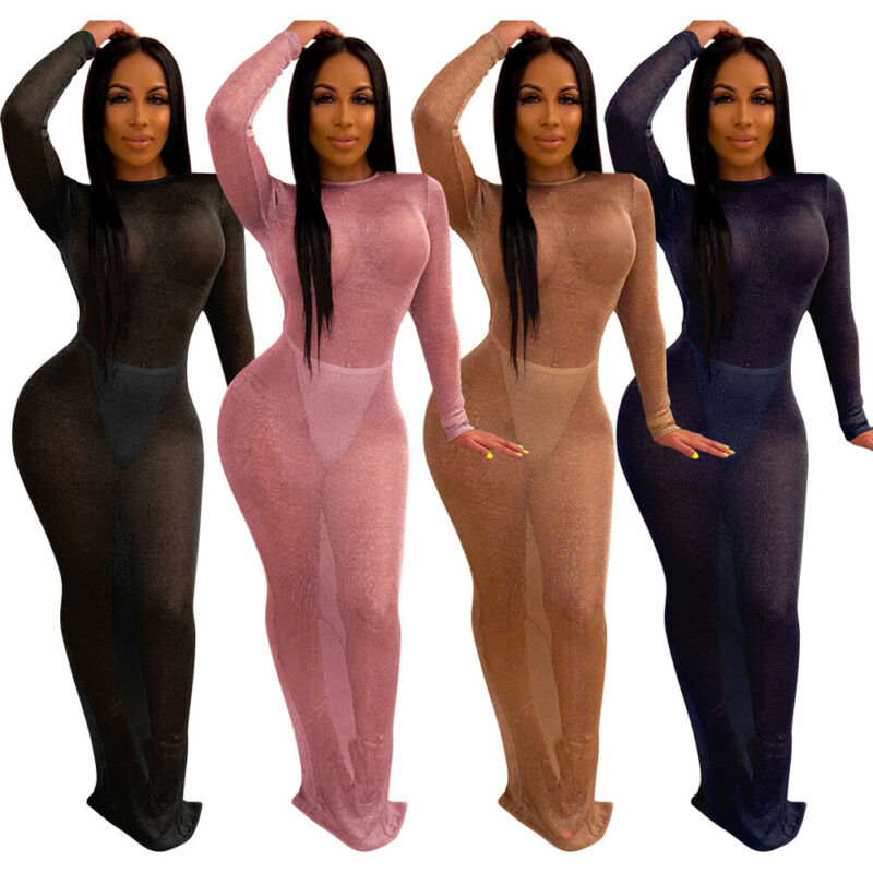 Voguable  Sexy New Women Fish Net Slim Long Dress Beach Cover-Ups Mesh Sheer See Through Maxi Dress Slim Bodycon Cover-Up Beachwear voguable