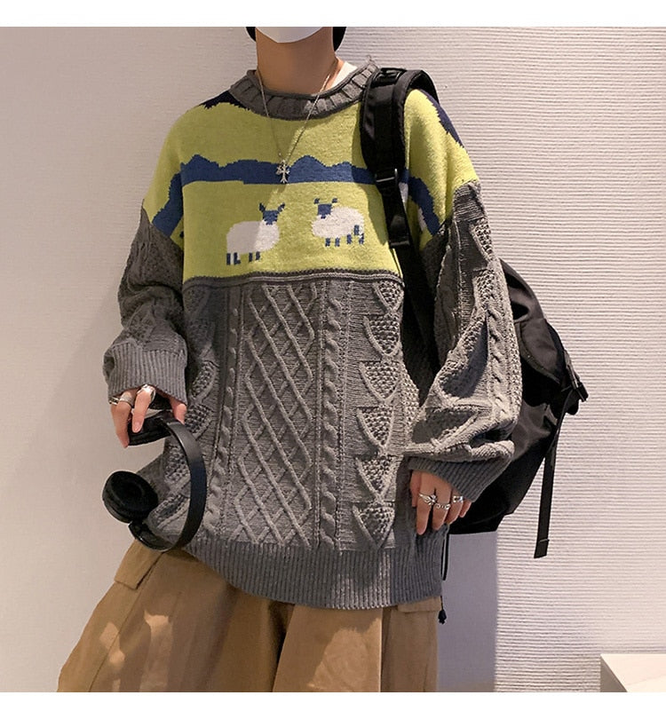 Voguable 2021 Harajuku Knitted Sweaters Cartoon Sheep Pullovers Men Hip Hop Streetwear Sweater Male Autumn Winter Loose Pullovers voguable