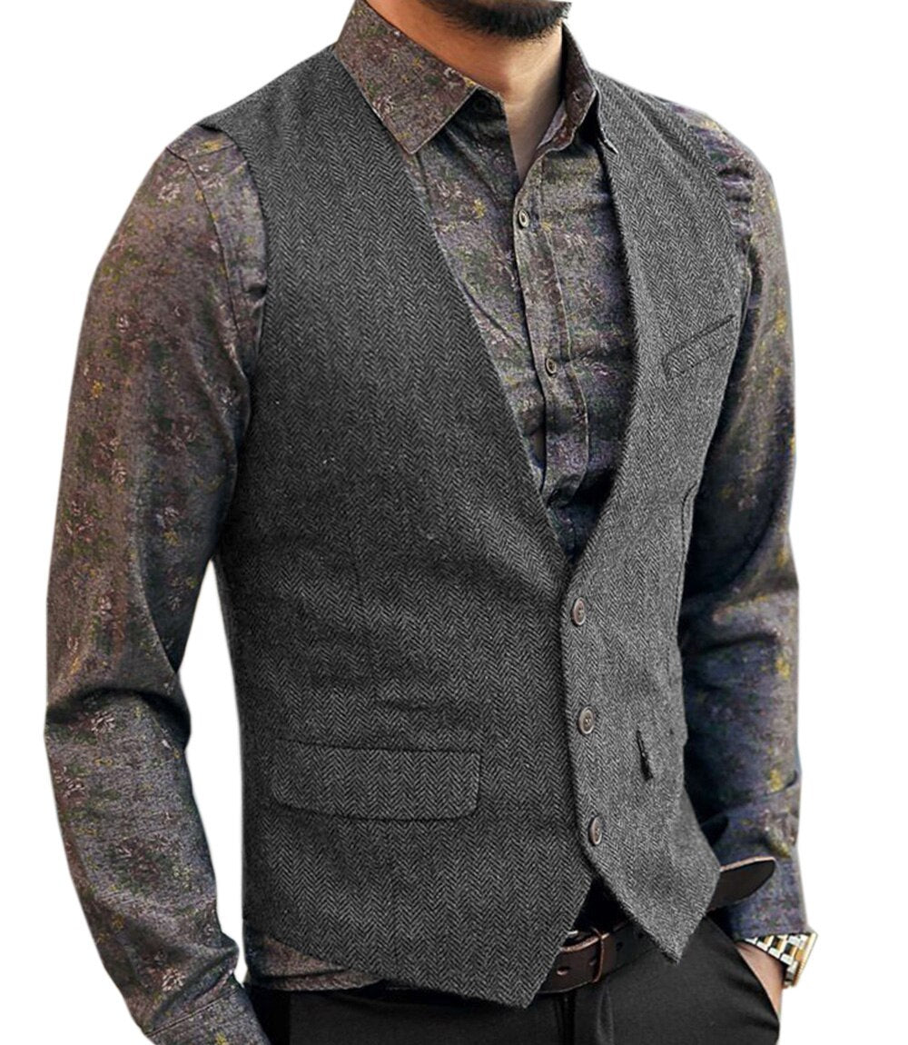 Voguable Men's Vest Suit Boutique Wool Tweed Slim Fit Leisure Cotton Male Gentleman Beckham Business Waistcoat For Wedding Groomsmen voguable