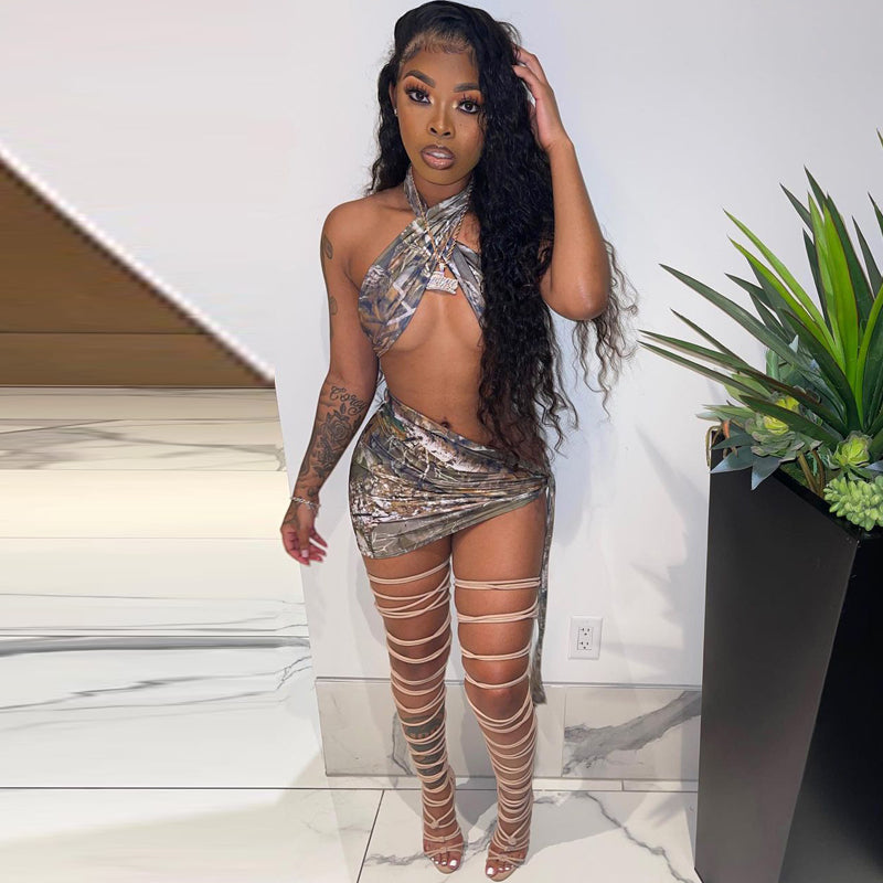 Voguable  Vintage Print Sleeveless Bandage Sexy Crop Top Skirt 2 Pieces Set Summer Women Fashion Streetwear Y2K Tracksuit voguable