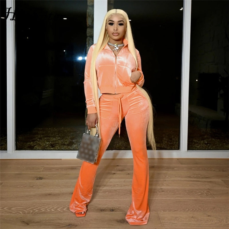 Voguable  Simple Casual 2 Piece Set Women Solid Velour Zipper Long Sleeve Turtleneck Top Lace Bandage Slim Female Wide Leg Pants voguable