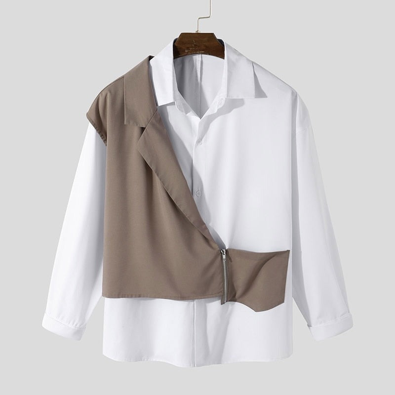 Voguable 2022 Fashion Men Casual Shirt Lapel Patchwork Long Sleeve Button Zipper Streetwear Fake Two Pieces Tops Camisas S-5XL INCERUN voguable