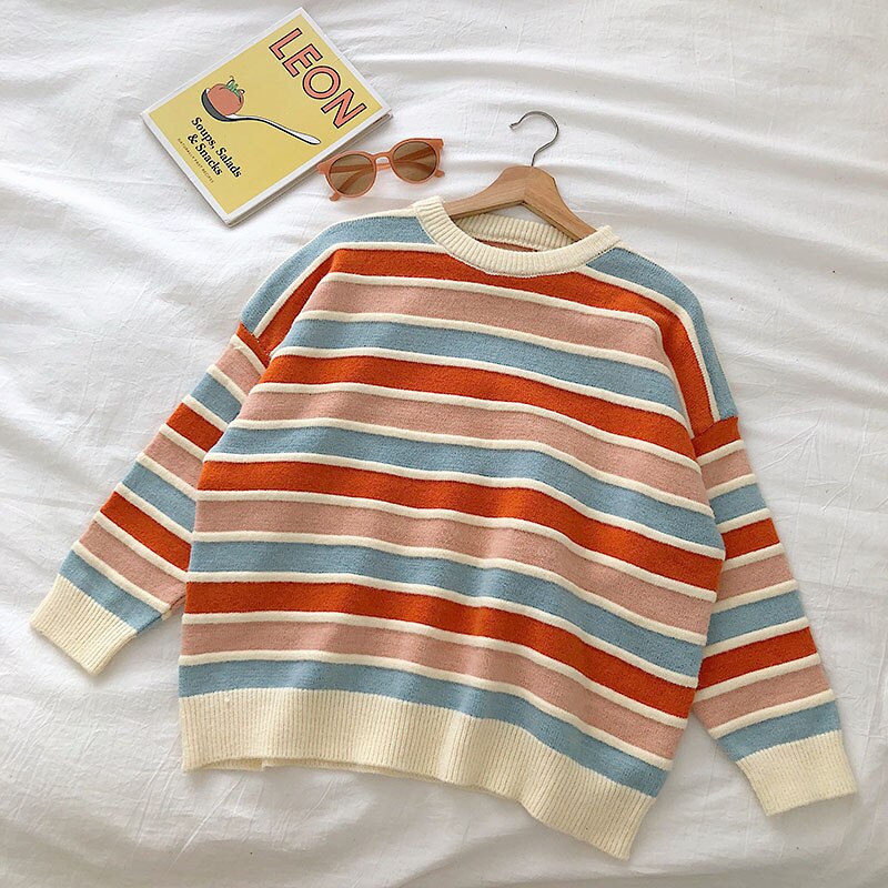 Voguable New Women Stripe Sweater Autumn Winter Loose Long Sleeve Pullover Tops Korean Ladies Knitted Patchwork Korean Sweaters voguable