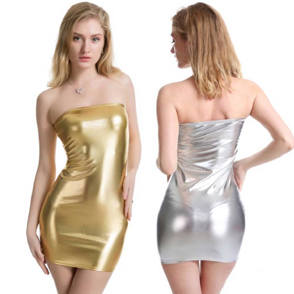 Night Clubwear Metallic Shiny Gold Short Dress Women PU Leather Strapless Mini Party Dresses WDC7801 voguable