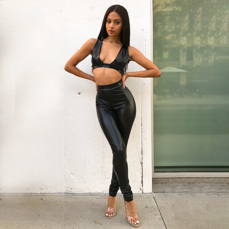 Voguable   Sleeveless Solid Pu Leather Backless Bra Top Leggings 2 Pieces Set Autumn Winter Women Sexy Streetwear Tracksuit voguable