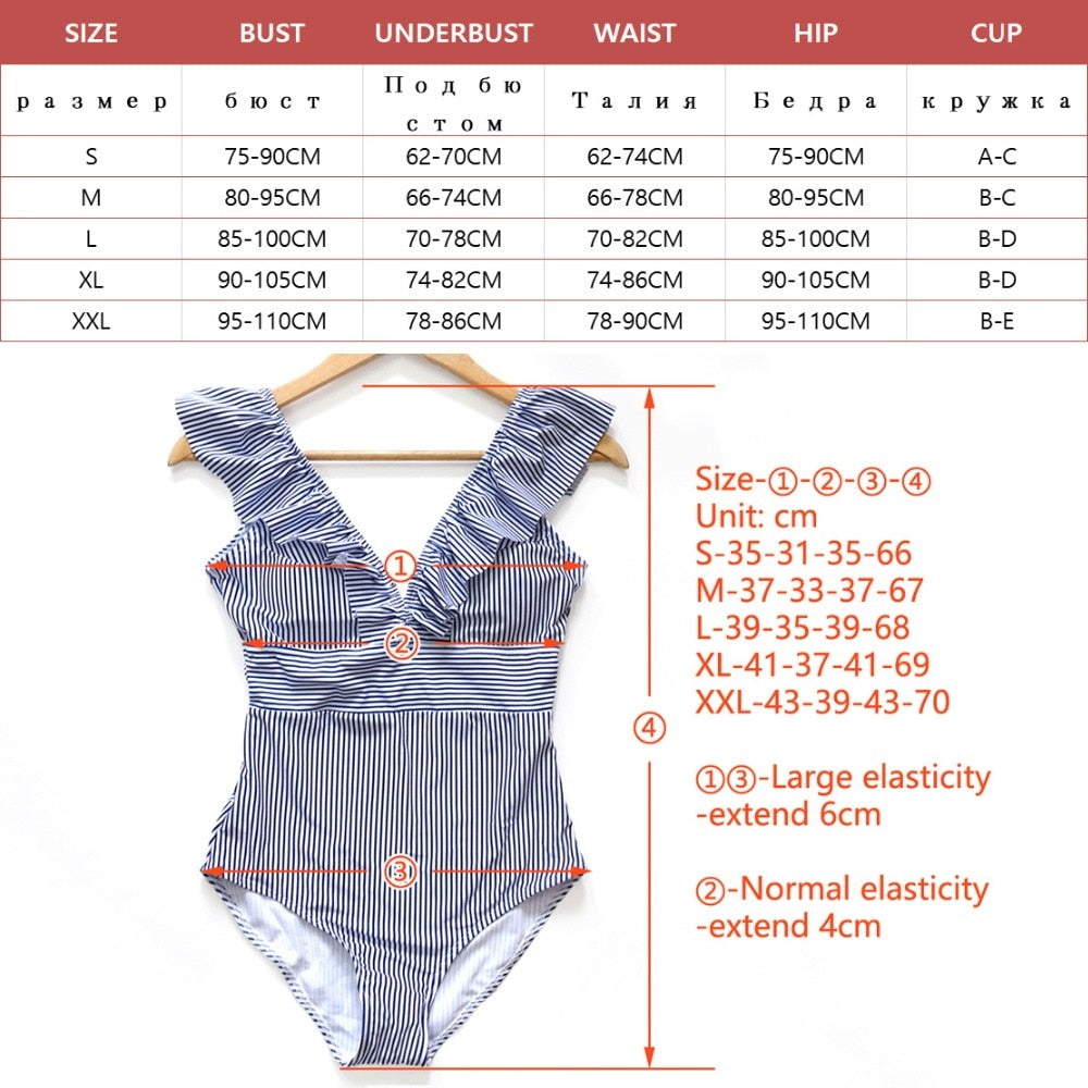 Voguable  2022 Sexy Female Retro V Neck Blue Striped Swimsuit One Piece Ruffled Push Up Padded High Waist Swimwear Women Monokini voguable