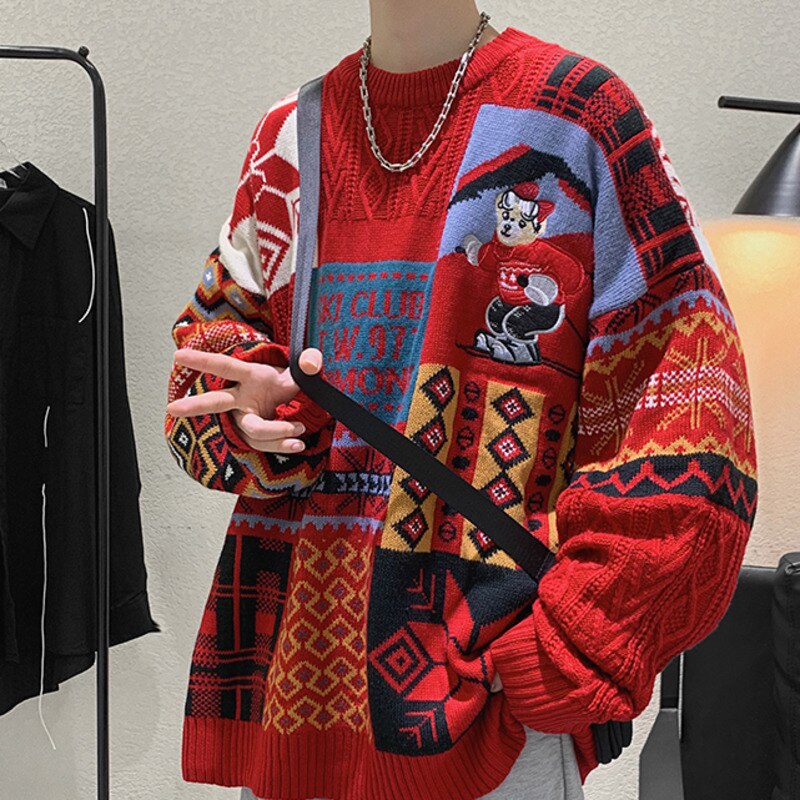 Voguable 2021 Geometry Sweater Jumper Men Korean Loose Knitted Sweater Clothing Oversize Top Couple Casual Knitting Pullovers Men voguable