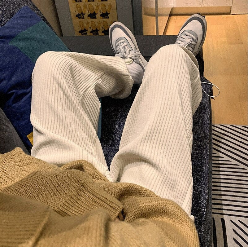 Voguable Man Casual Tie Leg Straight Pants Woman Corduroy Solid Color Oversize Trousers Man Warm Korean Streetwear Pants voguable