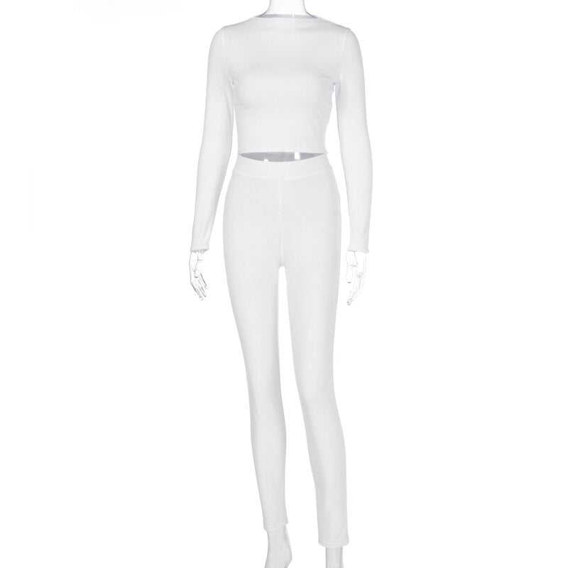 Voguable Long Sleeve Sexy Crop Tops Leggings 2 Pieces Set Summer Women Streetwear Outfits Pure Tracksuit Joggings Suit voguable
