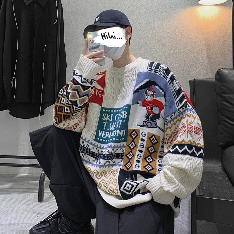 Voguable 2021 Geometry Sweater Jumper Men Korean Loose Knitted Sweater Clothing Oversize Top Couple Casual Knitting Pullovers Men voguable
