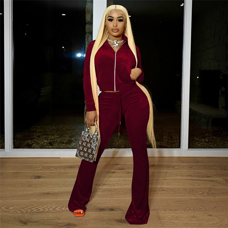 Voguable  Simple Casual 2 Piece Set Women Solid Velour Zipper Long Sleeve Turtleneck Top Lace Bandage Slim Female Wide Leg Pants voguable