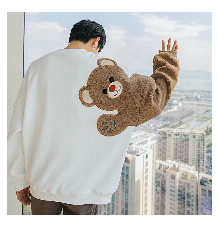 Voguable Plus Velvet Thick Autumn And Winter Round Neck Long-Sleeved Lamb Hair Embroidery Flocking Comic Bear Loose Lazy Style Sweatshirt voguable