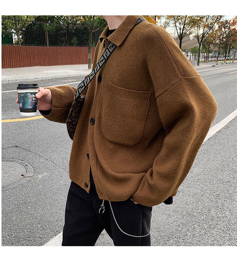 Voguable Oversize Cardigan Men Thick Ins Autumn and Winter Retro Loose Casual Button Solid Color Couple Knit Mens Cardigan Sweater Coat voguable