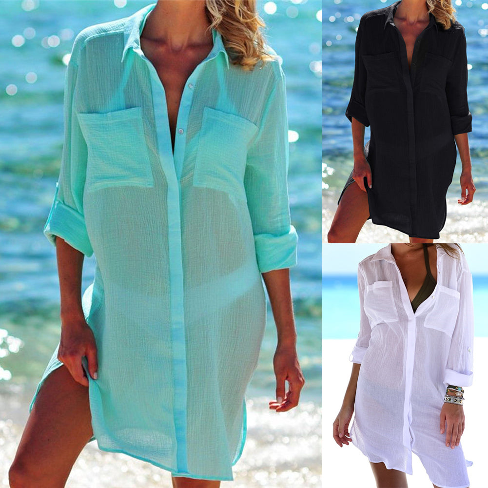 Voguable  Summer Sexy Women Beach See-through Sundress Long Sleeve Shirt Dress Bikini Cover-Ups Lady Swimwear Cover-Ups Beachwear voguable