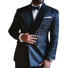 Voguable Double Breasted floral Men Suits for Wedding Slim Fit Navy Blue Groom Tuxedos 2 Piece Set Jacket with Pants Male Fashoin Clothes voguable