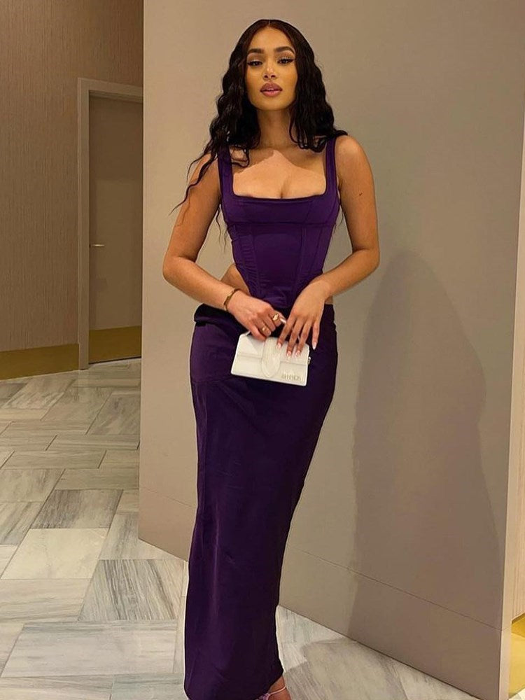 Purple Corset Satin Square Neck Crop Top And Draped Midi Dress Sets Slim Long Skirt Suits Two Piece Sets Womens Outfits voguable