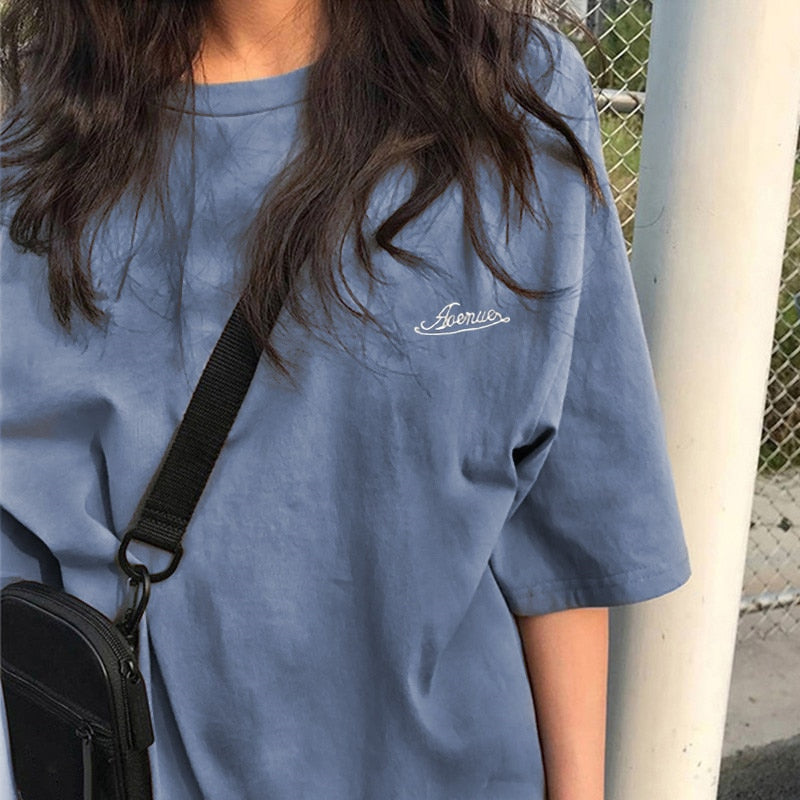 Voguable  BF Style Women T Shirt Short Sleeve O-neck Female Tops Tees Embroidery Solid Color Casual Loose Summer tshirt  New voguable