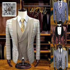 Voguable  High-end Men Suit Plaid Slim Fit 3 Pieces Tuxedo Groom Best Man Wedding Suits Business Dinner Dress Blazer Vest with Pants Set voguable