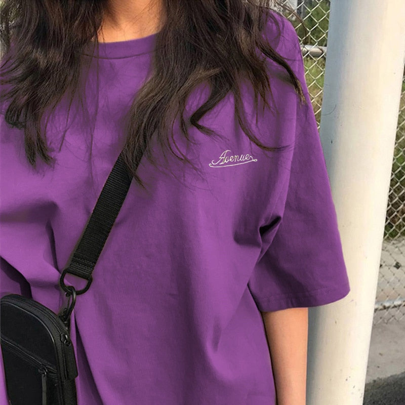 Voguable  BF Style Women T Shirt Short Sleeve O-neck Female Tops Tees Embroidery Solid Color Casual Loose Summer tshirt  New voguable