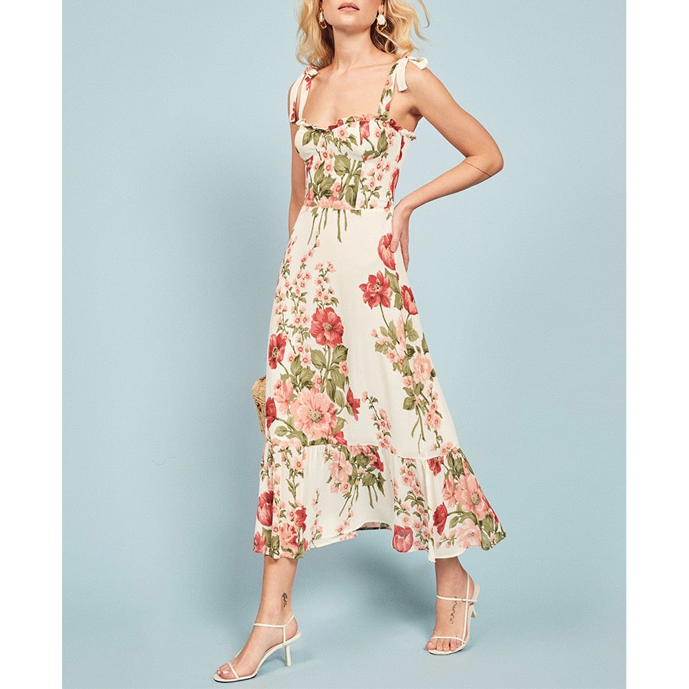 Summer Clothes For Women Boho Floral Print Beach Dress Sweetheart Neck Strap Tie Ruffle Hem Elegant Vintage Chiffon Midi Dress voguable