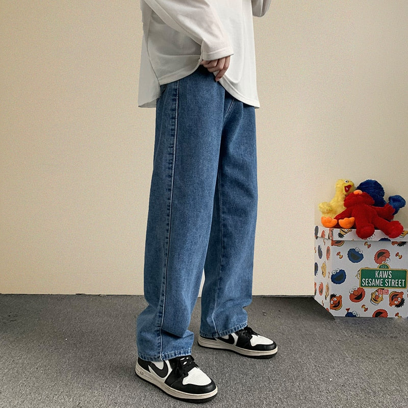 Voguable Korean Fashion Men Wide Leg Jeans 2021 Autumn New Streetwear Straight Baggy Denim Pants Male Brand Trousers voguable