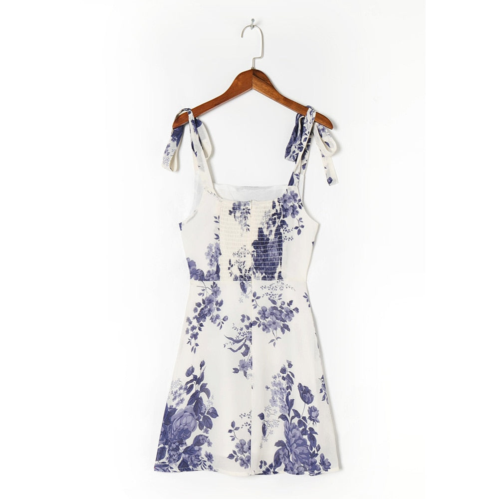 Dresses For Women Elegant Party Floral Print Vacation Beach Dress Summer Sleeveless Tie Strap Chiffon Mini Dress Sundress voguable