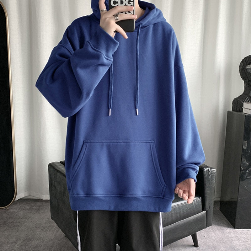 Korean Men's Solid Color Sweatshirt Hoodies  Casual Hooded Pullovers Hoodie Warm Fleece Male Loose Man Clothing 3XL voguable