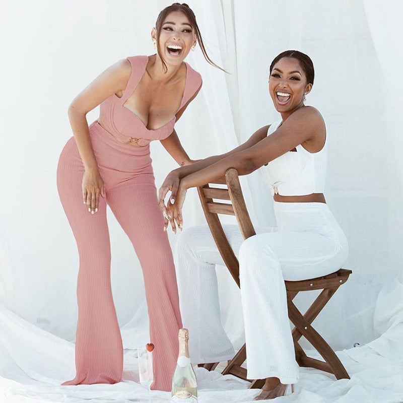 Voguable  2 Piece Set Women Fall Casual Street Loose Stretch Solid OutfitBrand Celebrity Elegant White Knit Camisole and Flared Trouser voguable
